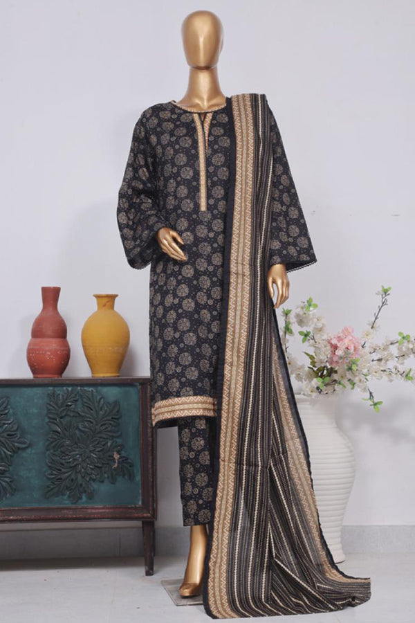 Lawn - Stitched Printed 3piece with Lace work - Black