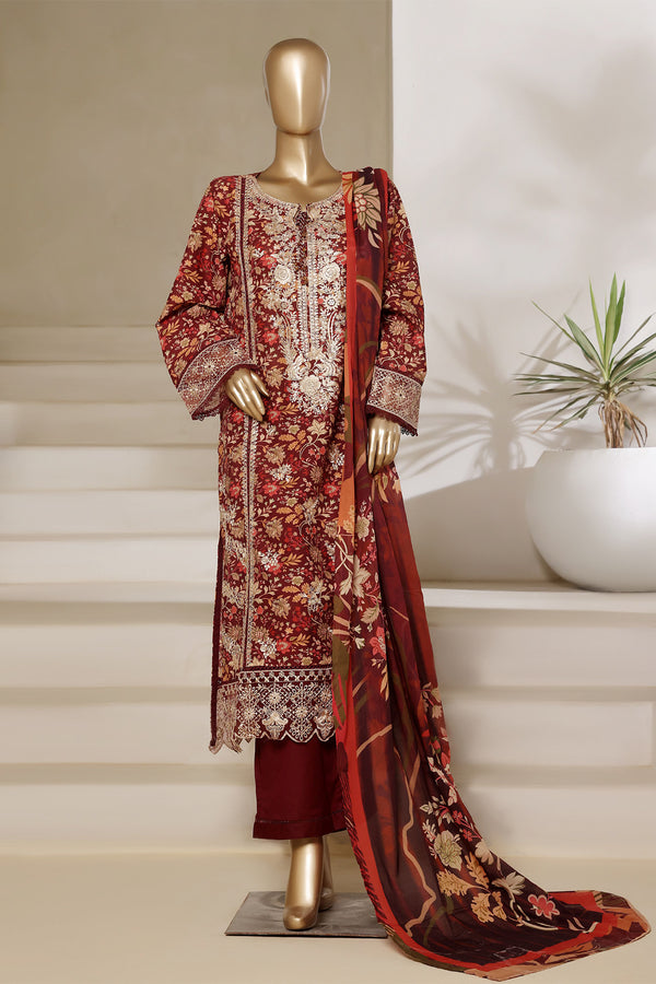 Lawn - Stitched Digital Printed Embroidered 3piece with Lace work - Maroon