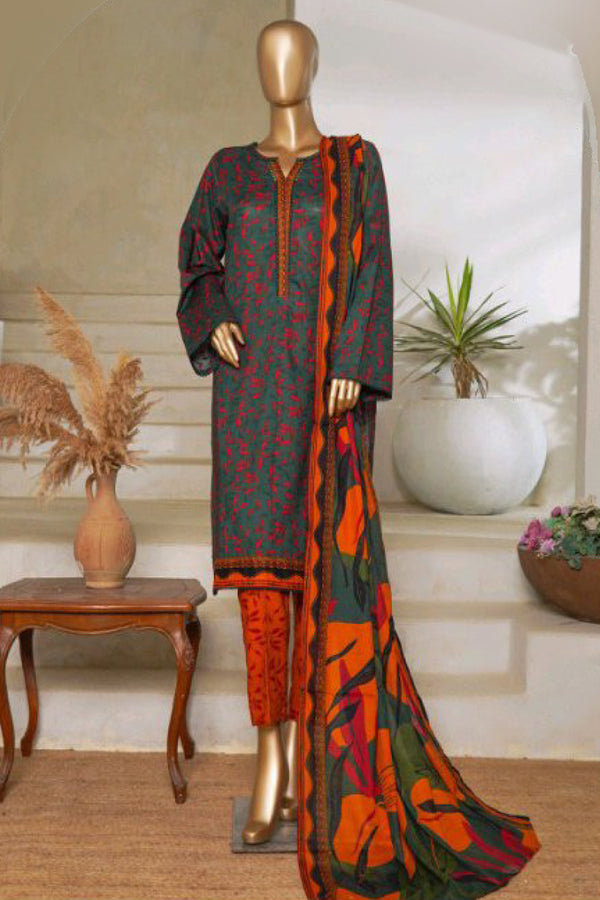 Lawn - Stitched printed 3piece with Lace work - Dark Green