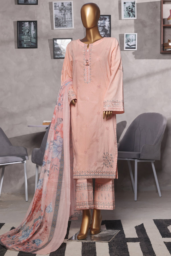 Lawn - Stitched Self Jacqaurd Embroidered 3piece with Emb trouser - Peach