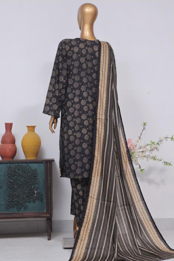 Lawn - Stitched Printed 3piece with Lace work - Black