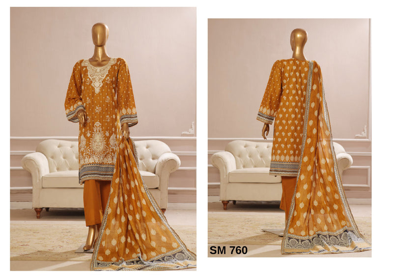 Lawn - Stitched Embroidered 3piece with Lace work - Mustard