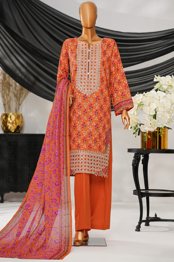 Cotton | Cambric - Stitched Embroidered 3piece with Lace work - Orange