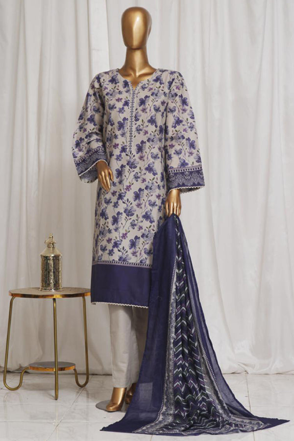Lawn - Stitched Printed 3piece with Lace work - Purple
