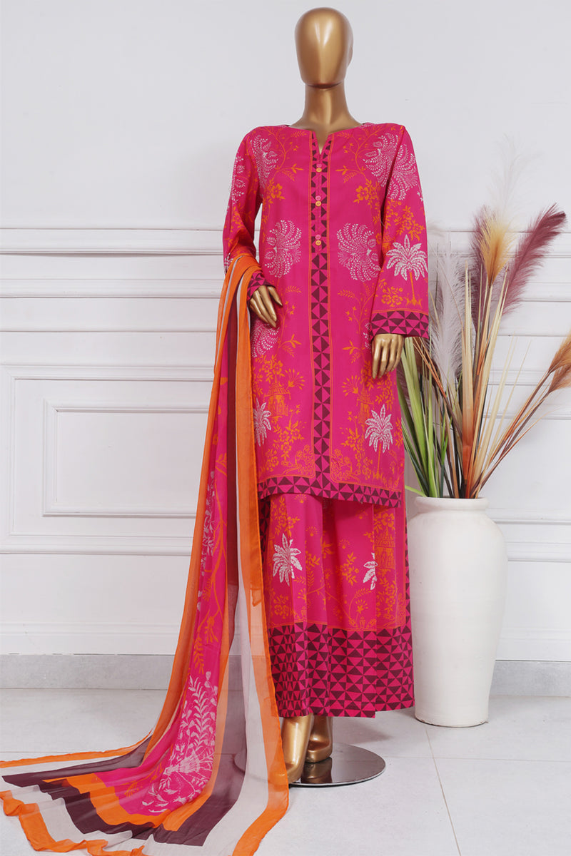 Lawn - Stitched printed 3 piece with chiffon dupatta - Shocking Pink