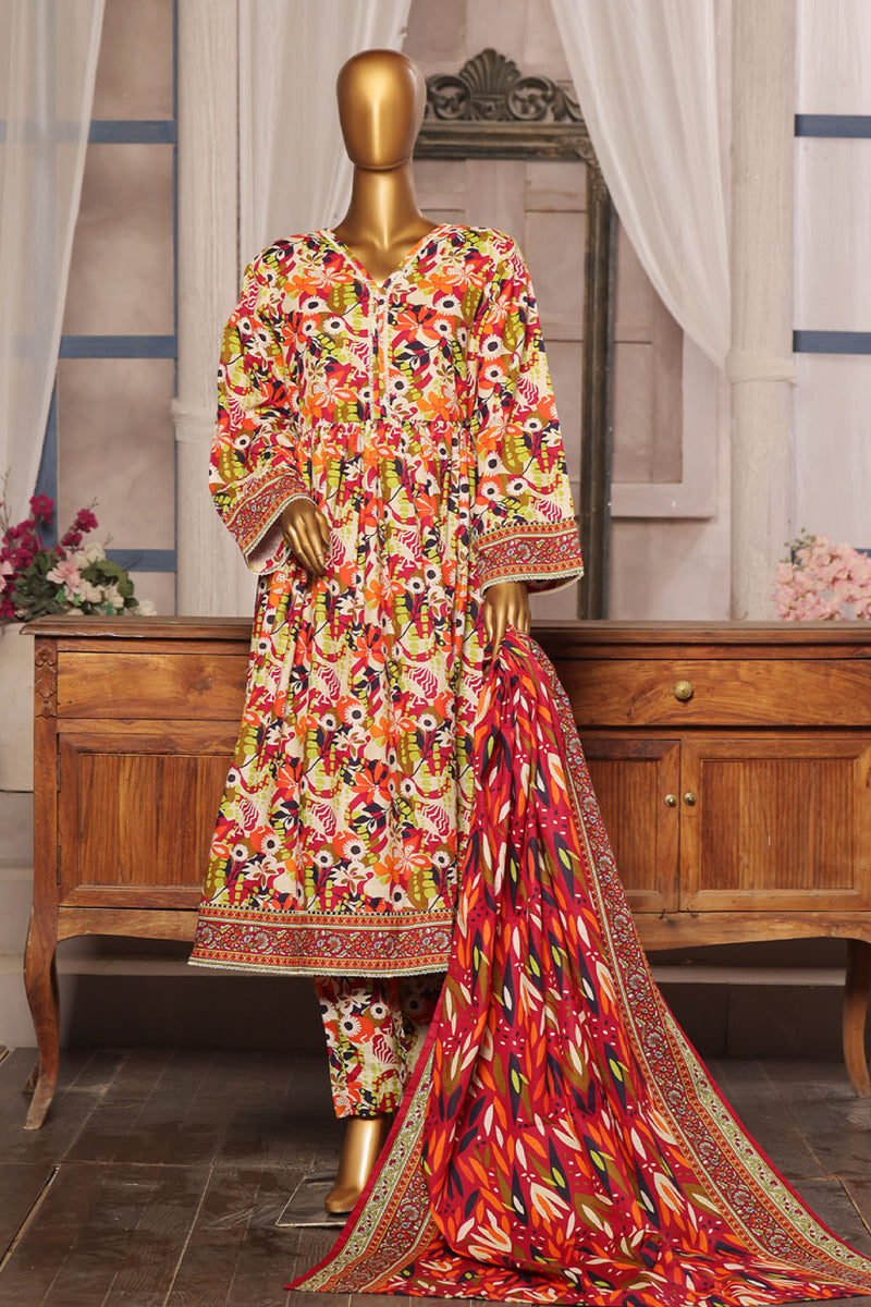 Khaddar - Stitched Printed 3piece Frock - Orange