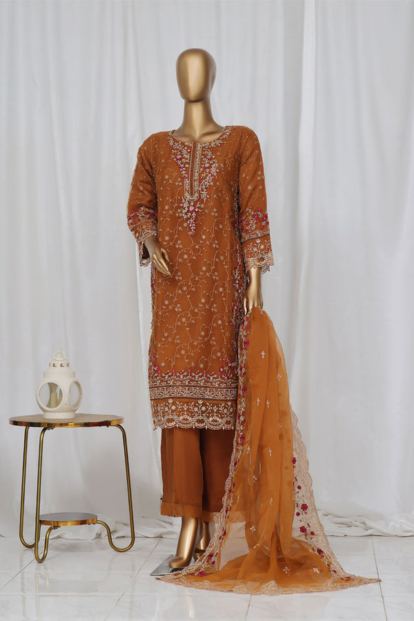 Organza - Stitched Embroidered Kurti & Dupatta with Hand work - Mustard