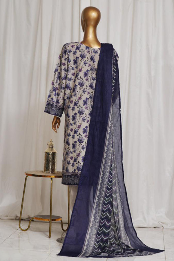 Lawn - Stitched Printed 3piece with Lace work - Purple