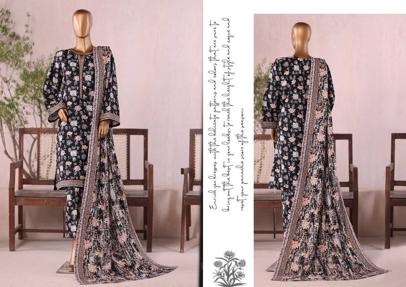 Khaddar - Stitched  printed 3piece with Lace work  - Black