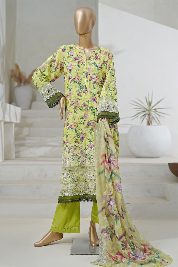 Lawn - Stitched Embroidered 3piece with Cutwork & Printed chiffon Dupatta - Green