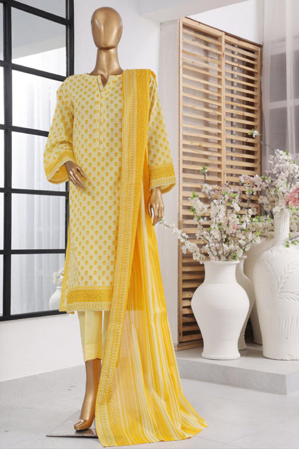 Lawn - Stitched Printed 3piece with Lace work - Yellow