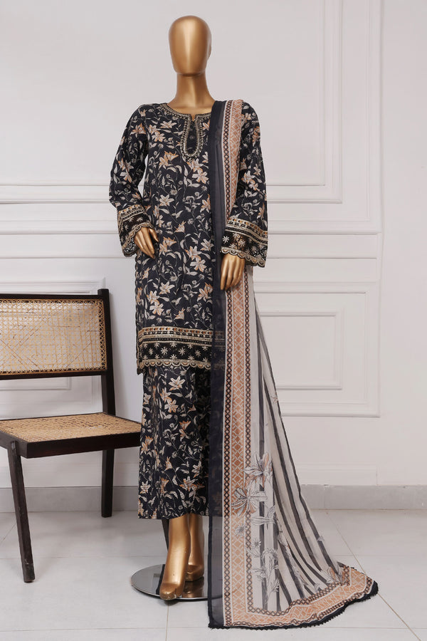 Lawn Farshi- Stitched Embroidered 3piece with Farshi shalwar - Black