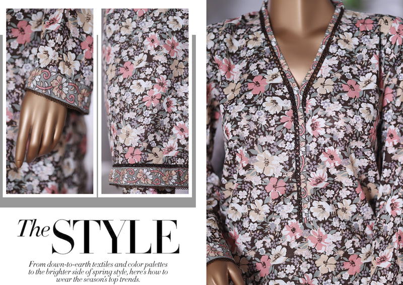 Khaddar Co-Ords - Stitched printed Kurti & trouser with Lace work - Brown & Pink