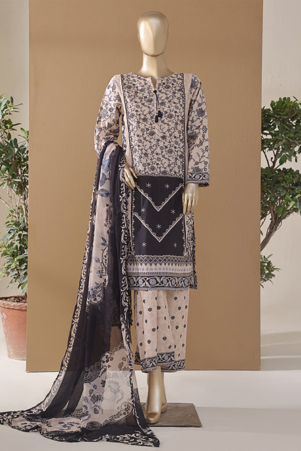 Cambric | Cotton - Stitched printed 3piece with Bamber chiffon Dupatta - Morocco Art