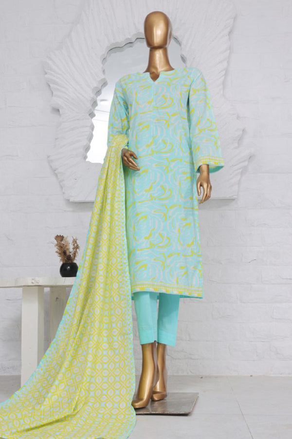 Lawn - Stitched Printed 3piece with Lace work - Blue