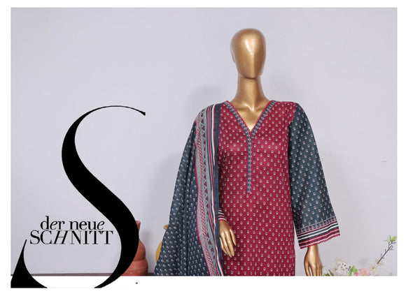 Lawn - Stitched Printed 3piece with Lace work - Dark Pink