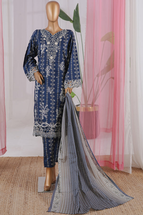 Lawn - Stitched Embroidered 3piece with Zari work & Lace work - Blue
