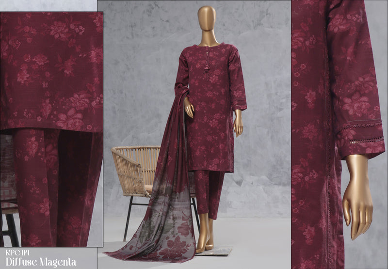 Khaddar - Stitched Printed 3 Piece Suit with Lace work - Diffuse Magenta