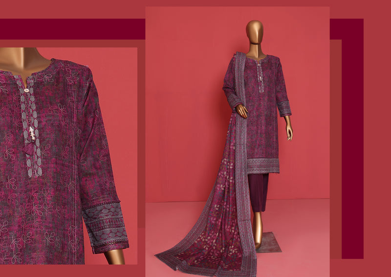 Khaddar - Stitched printed 3piece ready to wear - Magenta Grey