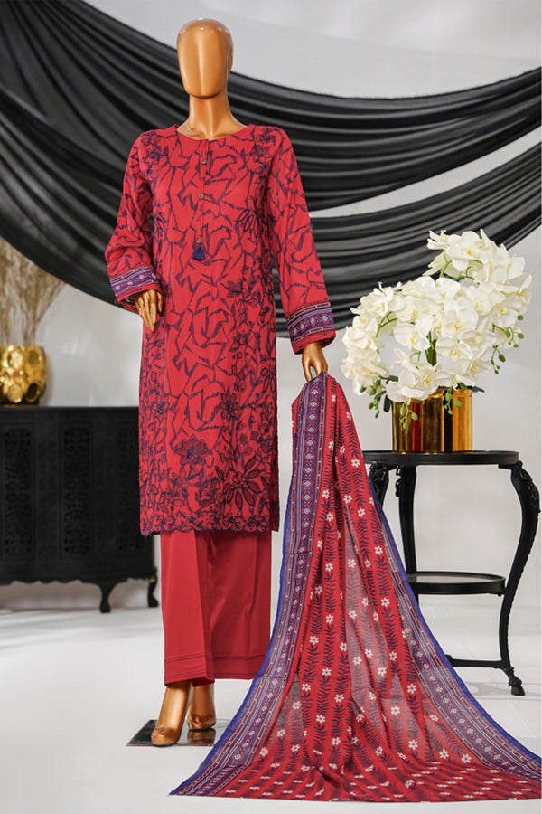 Cotton | Cambric - Stitched Embroidered 3piece with Lace work - Red