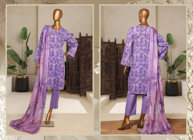 Lawn - Stitched printed 3piece with Lace work - Purple