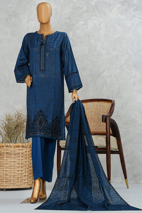 Lawn PrintKari - Stitched Embroidered 3piece with Embroidered Dupatta - Navy Blue