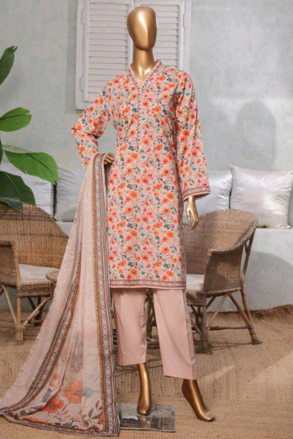 Lawn - Stitched printed 3piece with Lace work - Peach