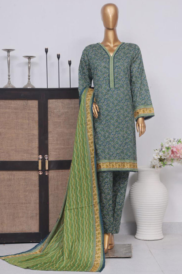 Lawn - Stitched Printed 3piece with Lace work - Green