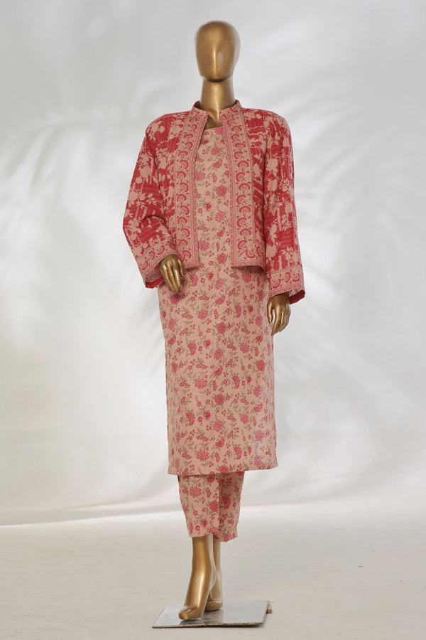 Khaddar Co-ords with coat - Stitched Printed Kurti & Trouser with Coat - Peach