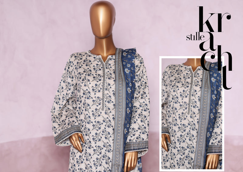 Khaddar - Stitched printed 3piece with Lace work - White & Blue