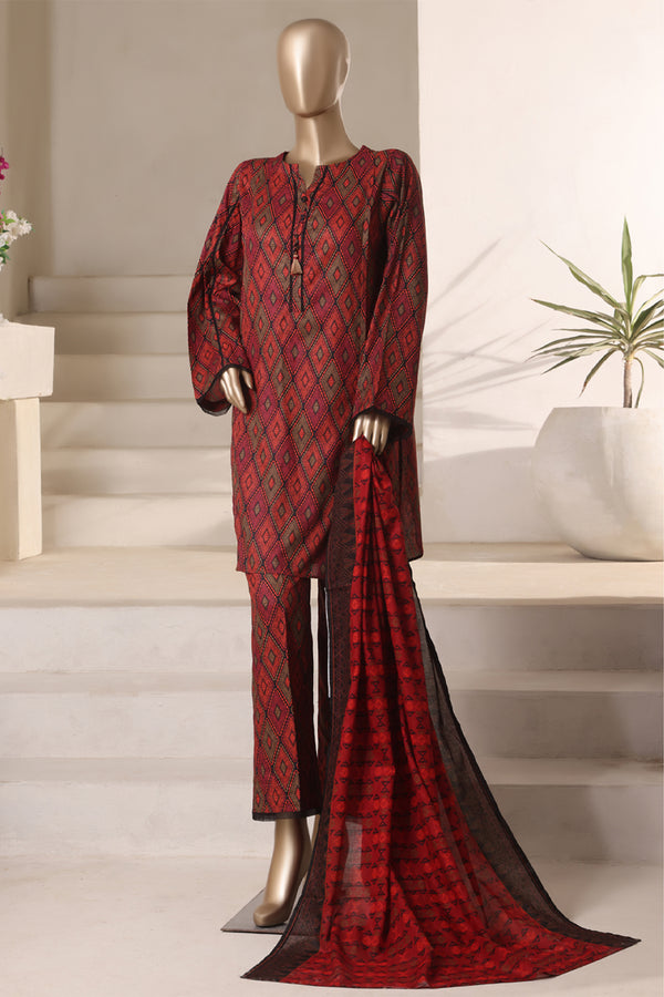 Cambric - Stitched printed 3piece with Lace work - Rust Black