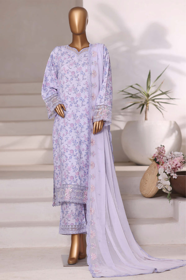 Luxury viscose - Stitched Embroidered 3piece with Chiffon embroidered Dupatta - Light Purple