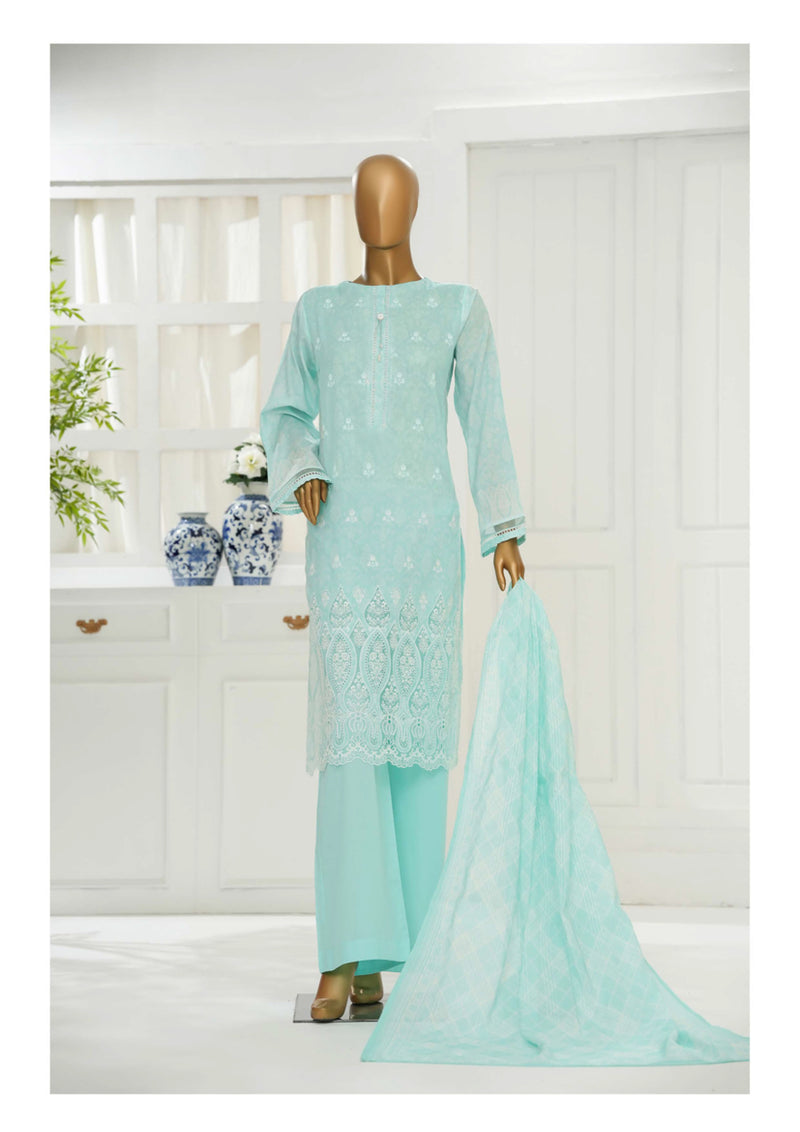 Cambric Chikankari - Stitched Embroidered 3piece with Lace work - Ocean Blue