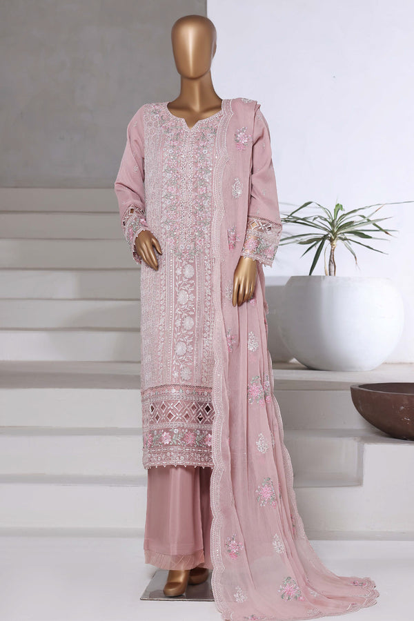 Chiffon - Stitched Formal Embroidered 3piece with Hand work - Light Pink