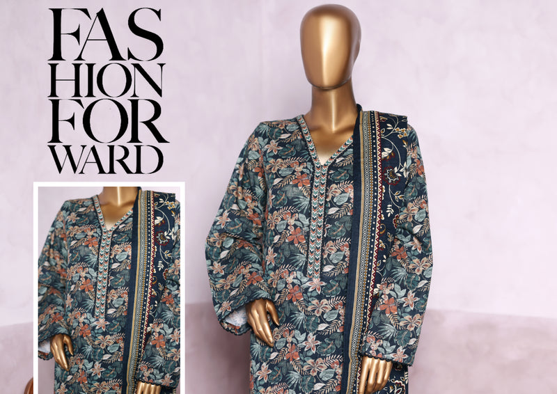 Khaddar - Stitched printed 3piece with Lace work - Sea Green