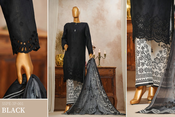 Lawn Slub - Stitched Chikankari Embroidered 3piece with Lace work - Black