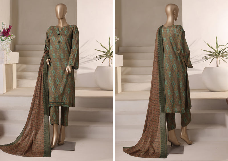 Cambric - Stitched printed 3piece with Lace work - Olive Green