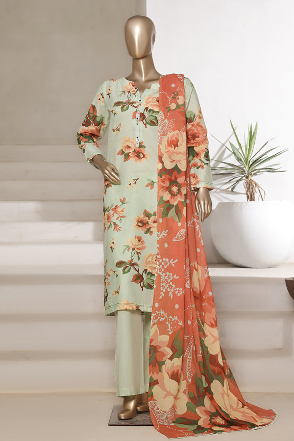 Lawn - Stitched printed 3piece with Lace work - Light Green & Peach