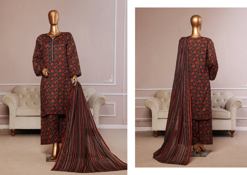 Lawn - Stitched printed 3piece with Farshi Shalwar - Maroon and Black