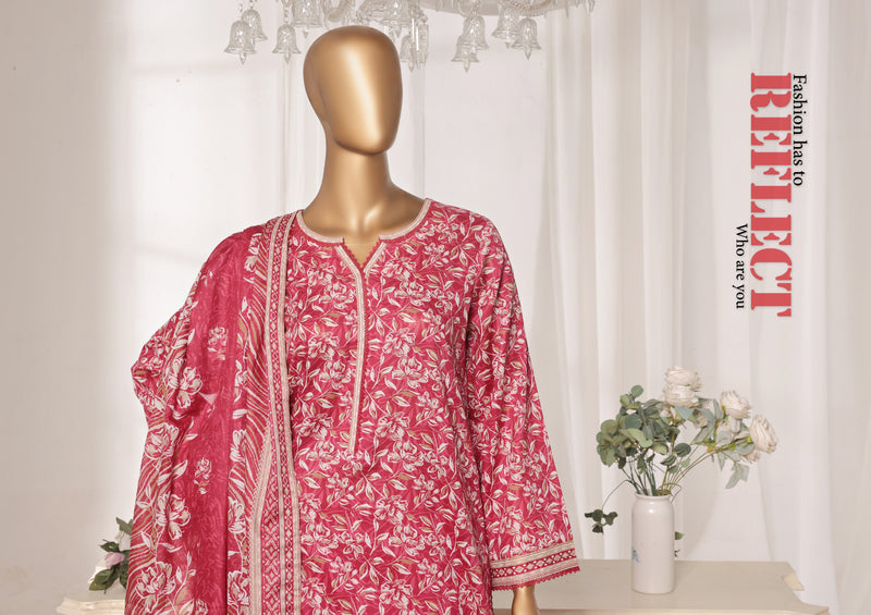 Lawn - Stitched printed 3piece with Lace work - Pink
