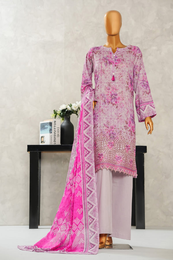 Lawn - Stitched Digital Printed Embroidered 3piece with Boring work - Pink