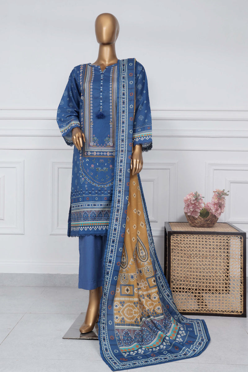 Lawn - Stitched Printed 3piece with Lace work - Blue