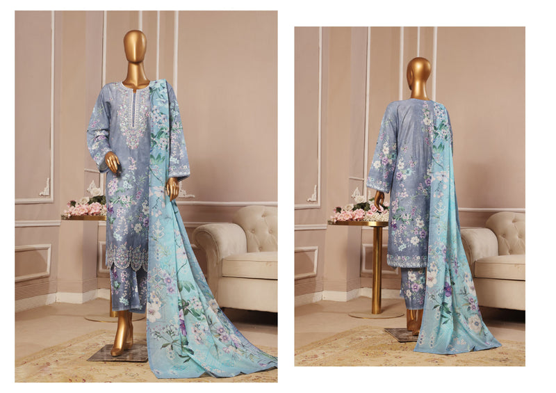 Lawn - Stitched Embroidered 3piece with Lace work - Light Blue