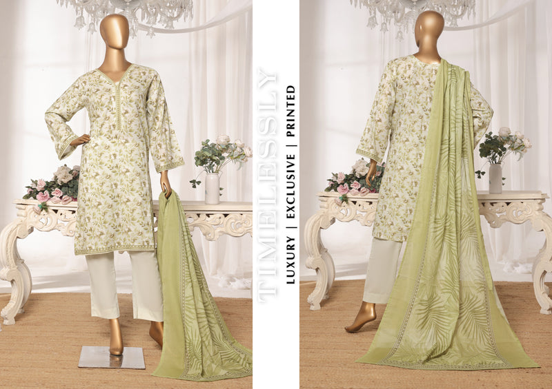 Lawn - Stitched printed 3piece with Lace work - Light Green