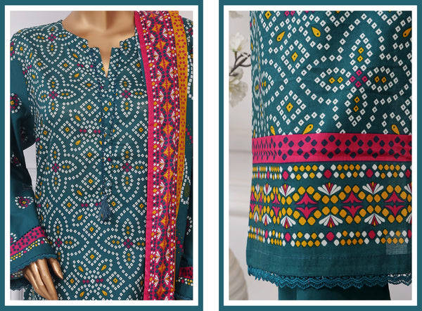 Lawn Chunri prints - Stitched printed 3piece with Lace work - Green