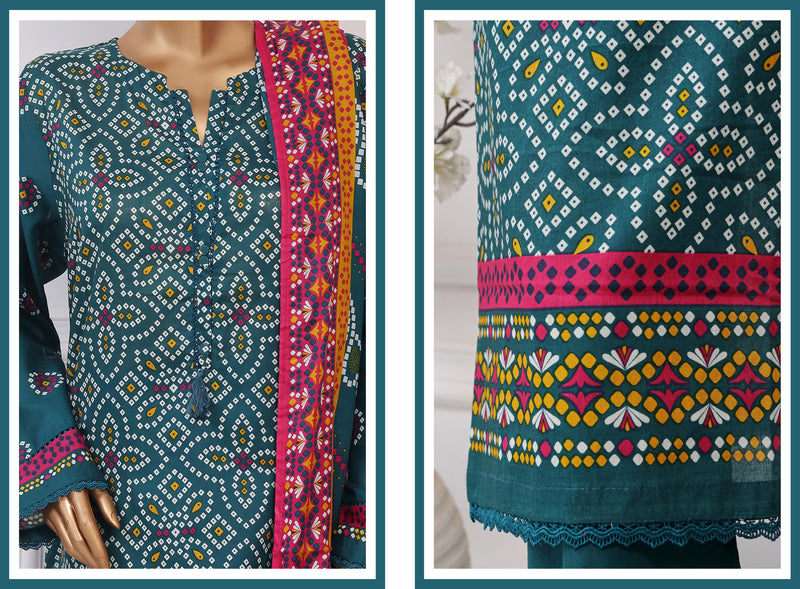 Lawn Chunri prints - Stitched printed 3piece with Lace work - Green