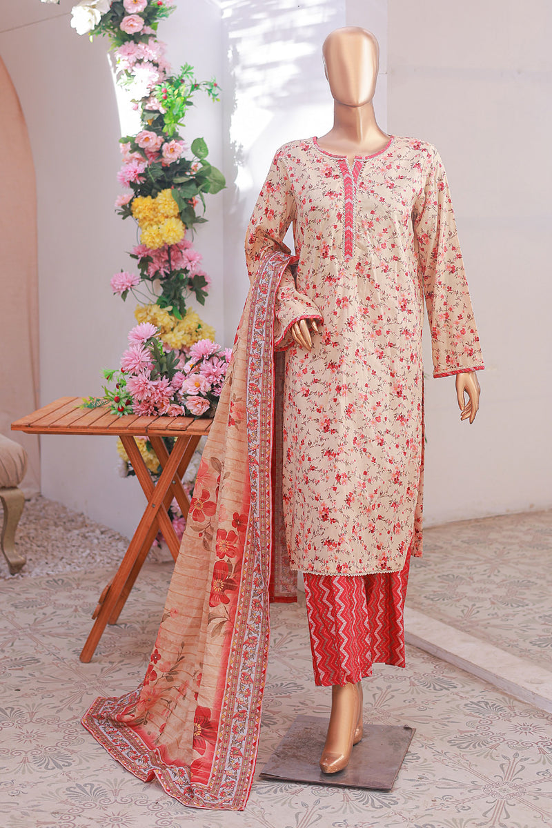 Lawn - Stitched printed 3piece with Lace work - Peach
