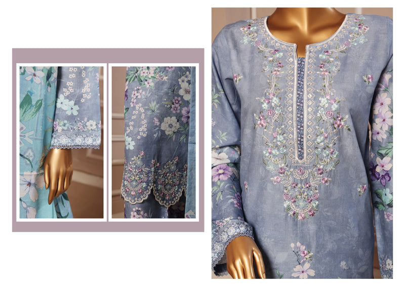 Lawn - Stitched Embroidered 3piece with Lace work - Light Blue