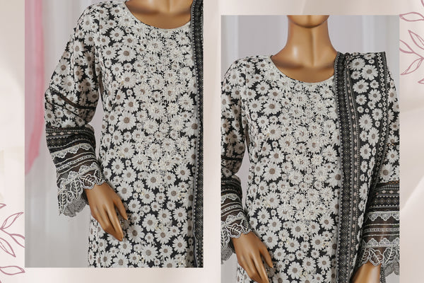 Lawn - Stitched Embroidered 3piece with Zari work & Lace work - Black and White