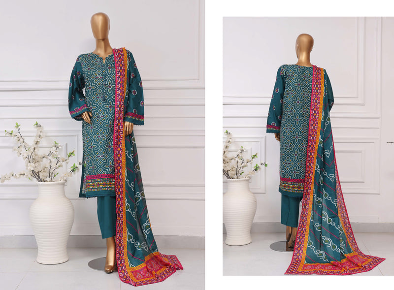 Lawn Chunri prints - Stitched printed 3piece with Lace work - Green